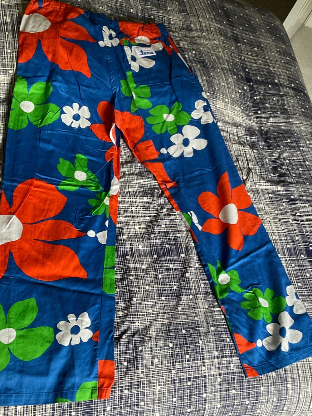 Jams World Vibrant Blue Wide-Leg Floral Pants with Red, Green & White Flowers